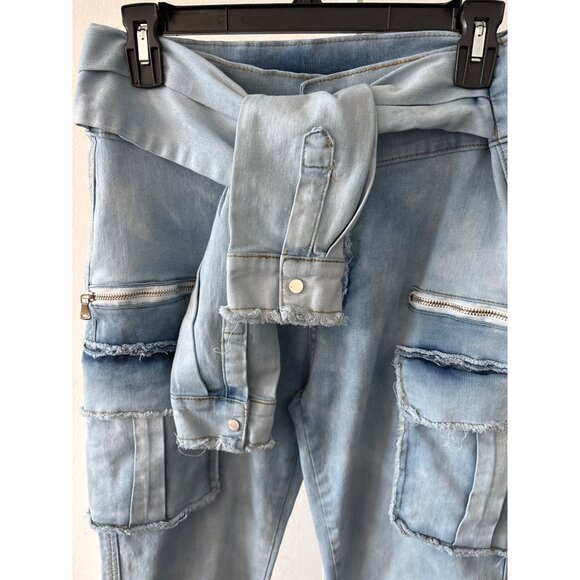 Y2K Cargo Jogger Jeans  L Light Wash Denim Utility Shirt Tie Waist Pockets Edgy - Picture 13 of 14